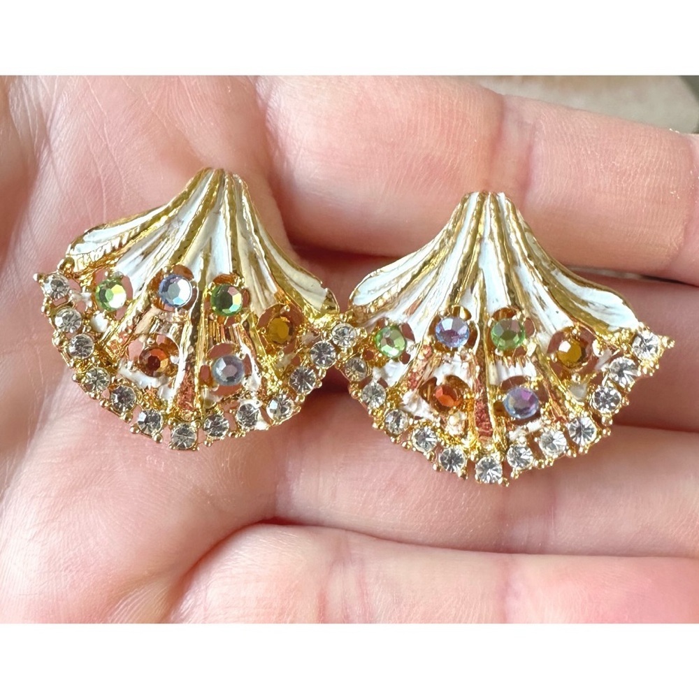 Craft Vintage Signed Seashell Ocean Themed Rhinestone Clip On Earrings